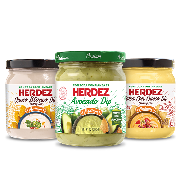 Herdez queso blanco, avocado and salsa con queso dips.
