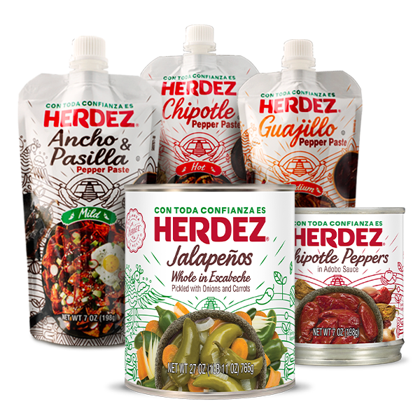 Herdez peppers and pepper pastes packaging.